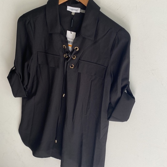 Calvin Klein modern essentials black roll tab sleeve blouse, Size S, NWT - Picture 8 of 10
